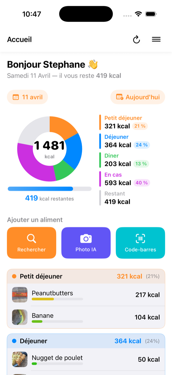 Ecran accueil MesCalories