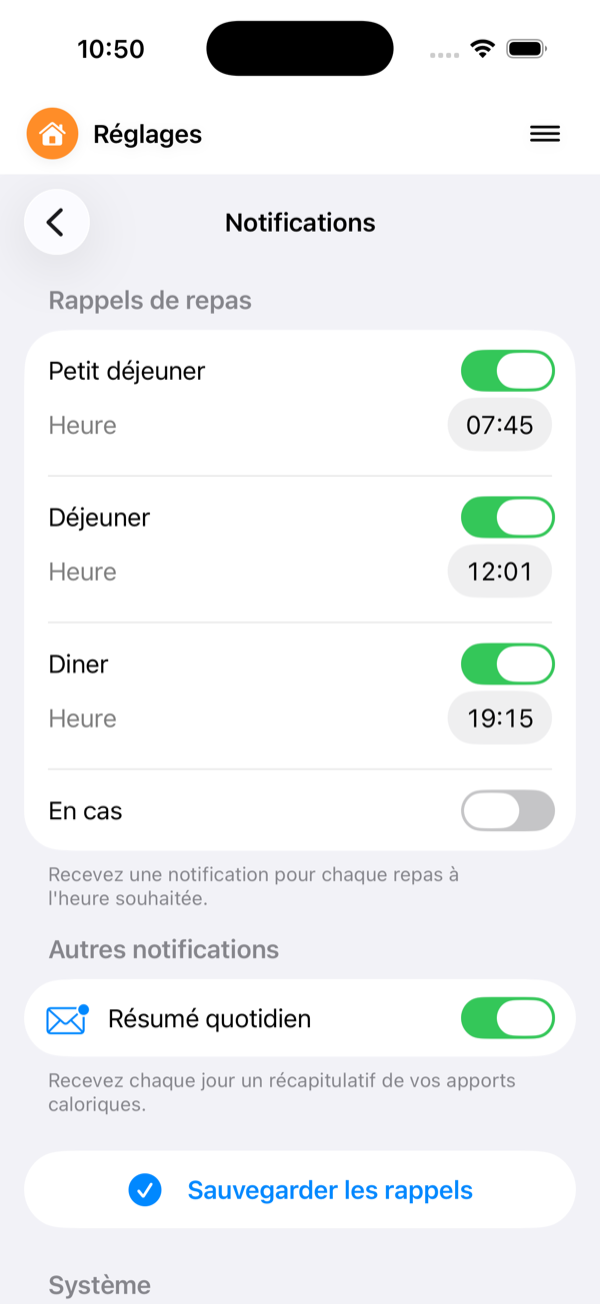 Notifications et reglages MesCalories